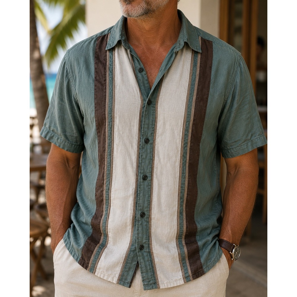 Paradise Coves Mens Large Silk Cotton Blend Striped Button Down Shirt Teal Brown